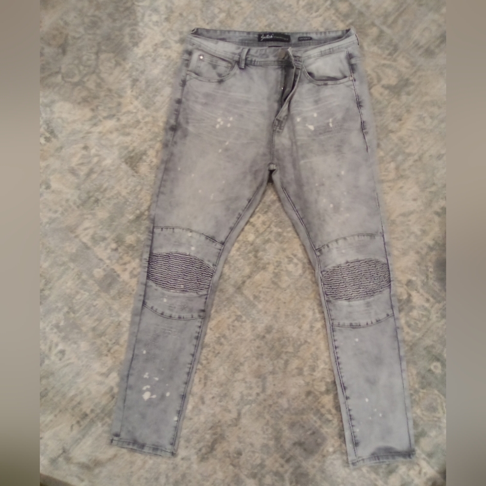 Grey distressed paint splatter slim jeans